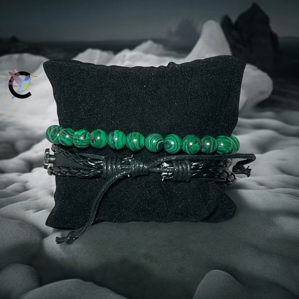 I Love You - Bracelets Homme en Perles de Verre Vertes et Cuir Noir Ajustable
