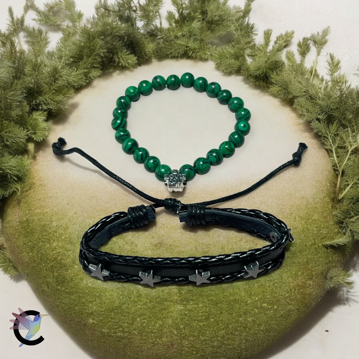 I Love You - Bracelets Homme en Perles de Verre Vertes et Cuir Noir Ajustable