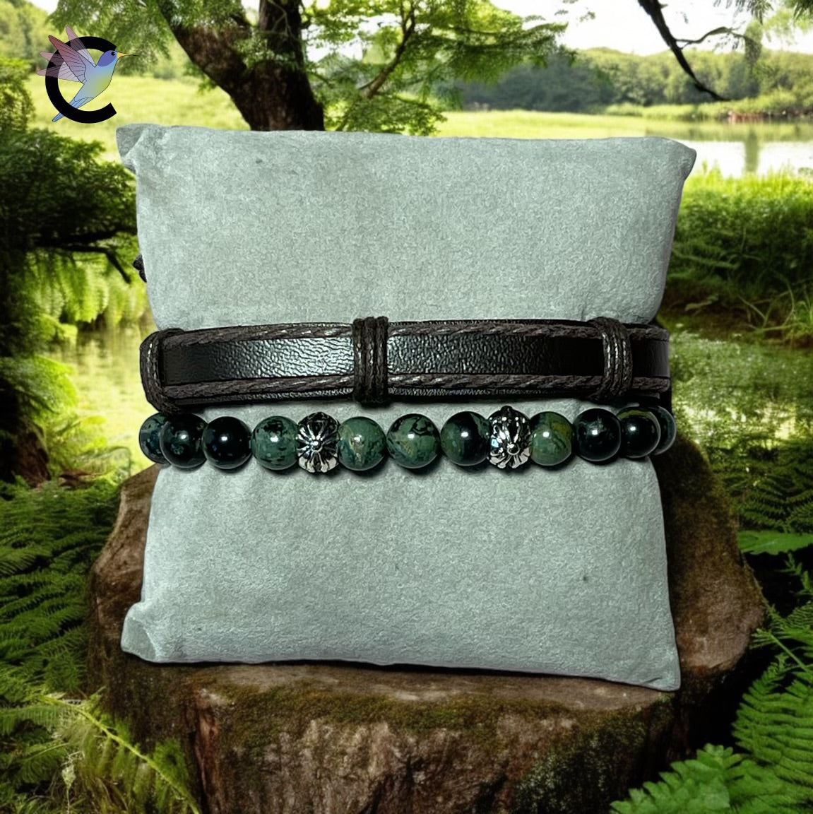 Mystic Earth - Bracelet Homme en Onyx à Rayures et Cuir Marron
