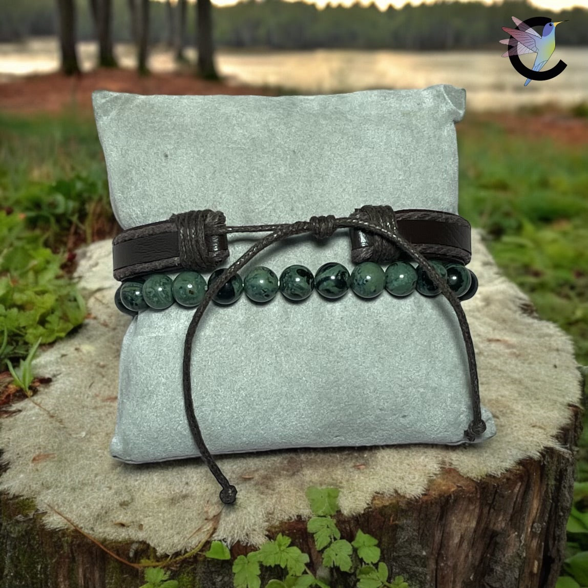 Mystic Earth - Bracelet Homme en Onyx à Rayures et Cuir Marron