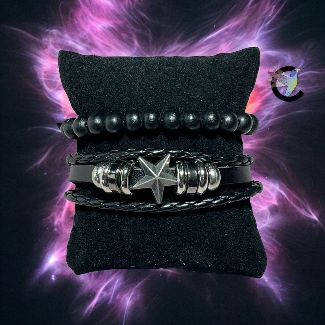 Étoile Noire - Bracelets Homme en Perles de Résine Noires et Cuir Noir Ajustable