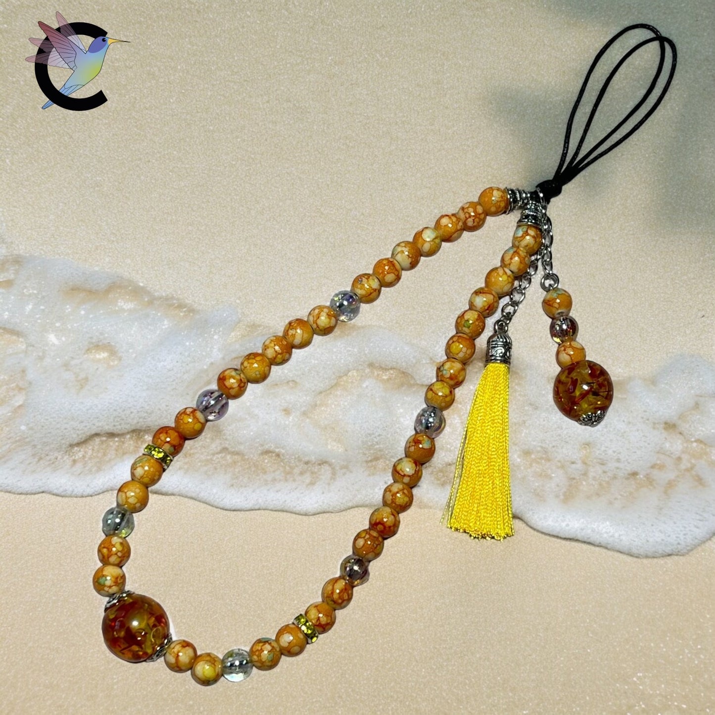 Sable d'Or - Bijou de Téléphone - Perles en Acrylique et Pompon Jaune