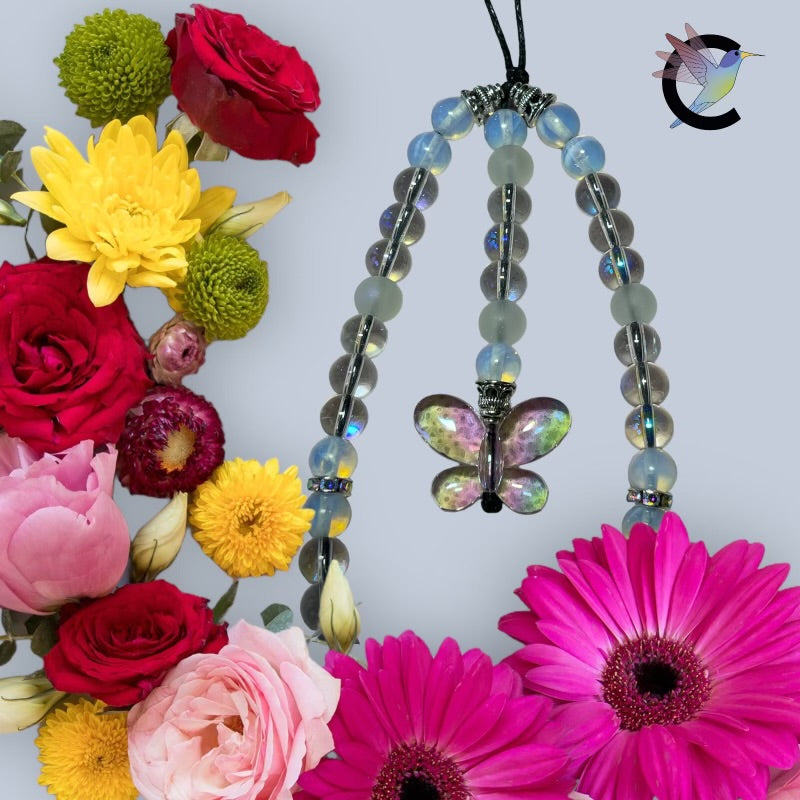 Papillon Bleuté - Bijou de Téléphone en Perles en Verre et Résine