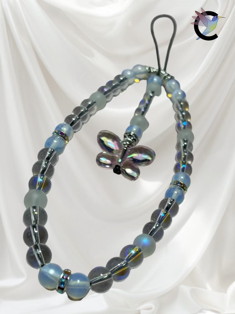 Papillon Bleuté - Bijou de Téléphone en Perles en Verre et Résine