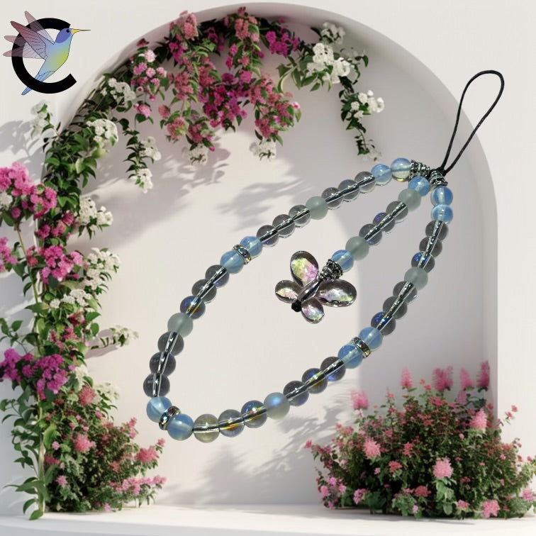 Papillon Bleuté - Bijou de Téléphone en Perles en Verre et Résine