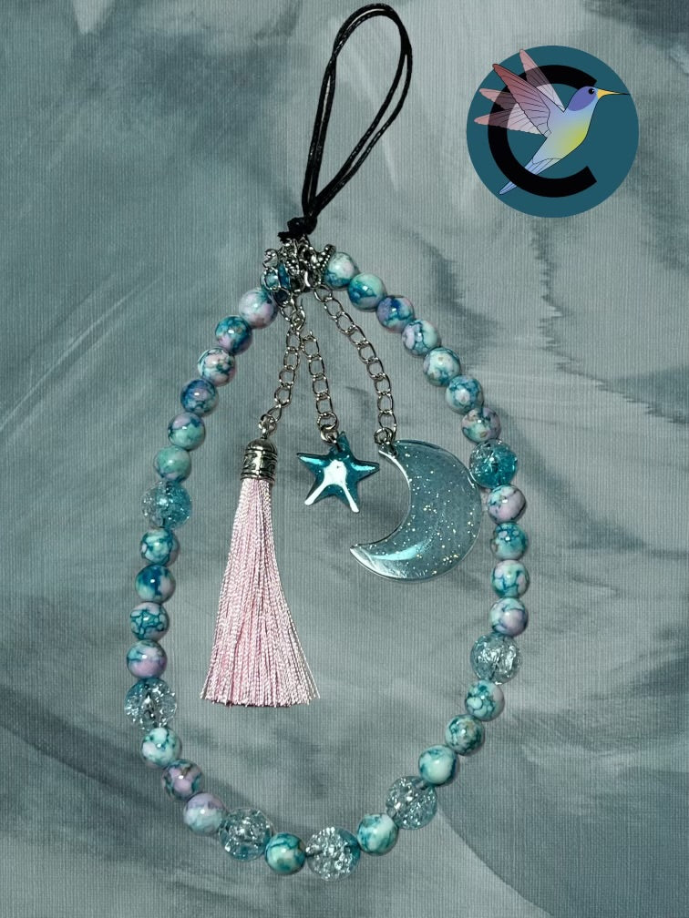 Lune Bleu - Bijou de Téléphone - Perles en Verre et Charms Étoile et Lune