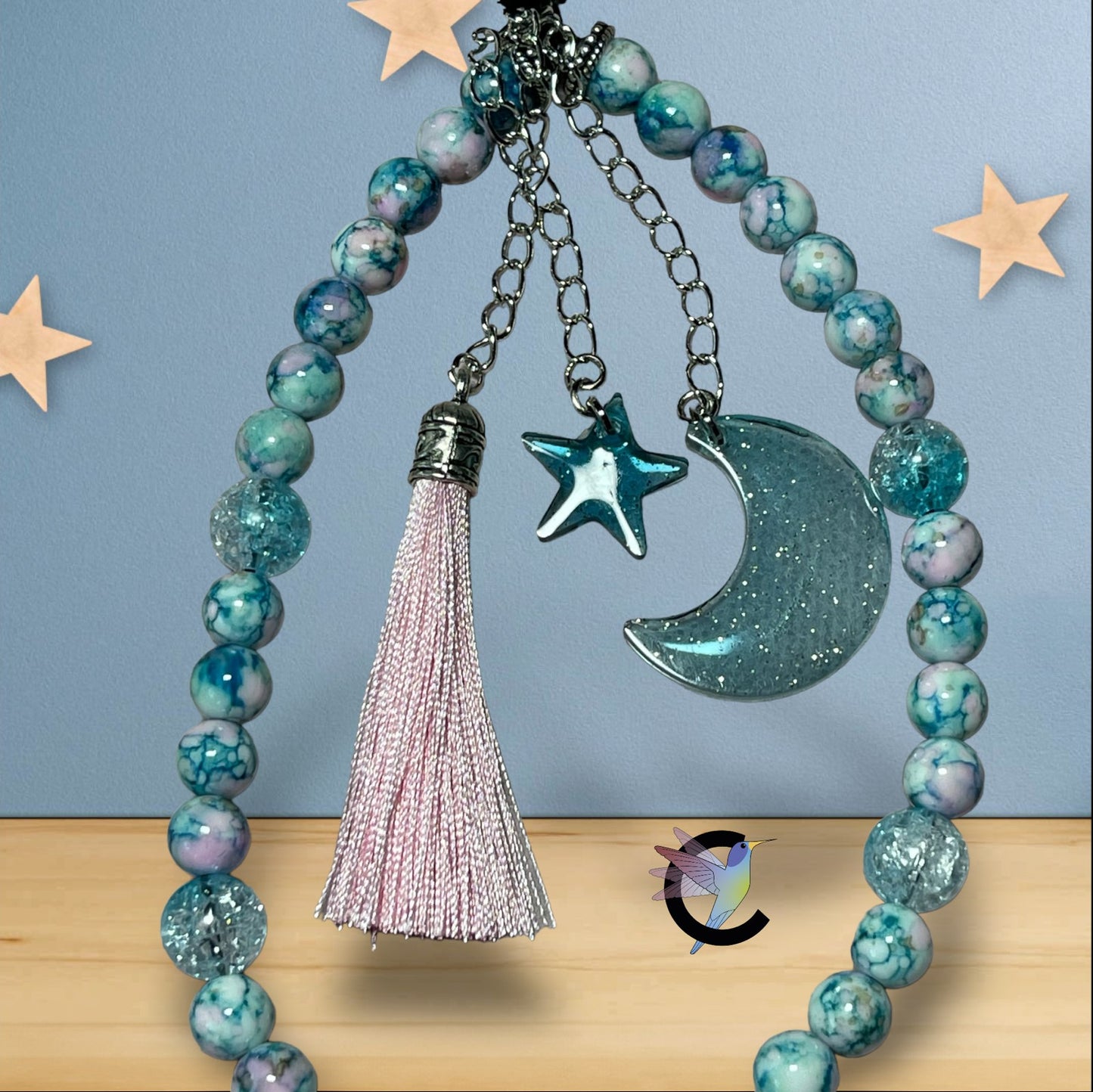 Lune Bleu - Bijou de Téléphone - Perles en Verre et Charms Étoile et Lune