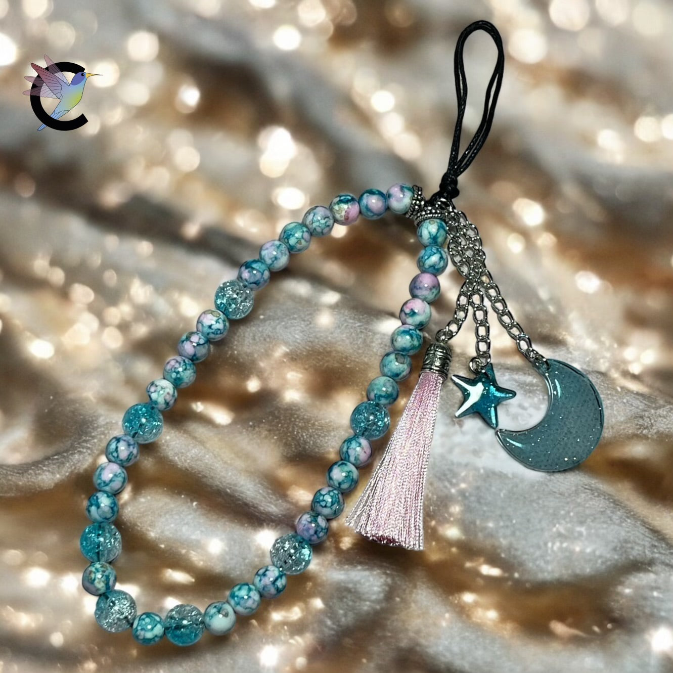Lune Bleu - Bijou de Téléphone - Perles en Verre et Charms Étoile et Lune