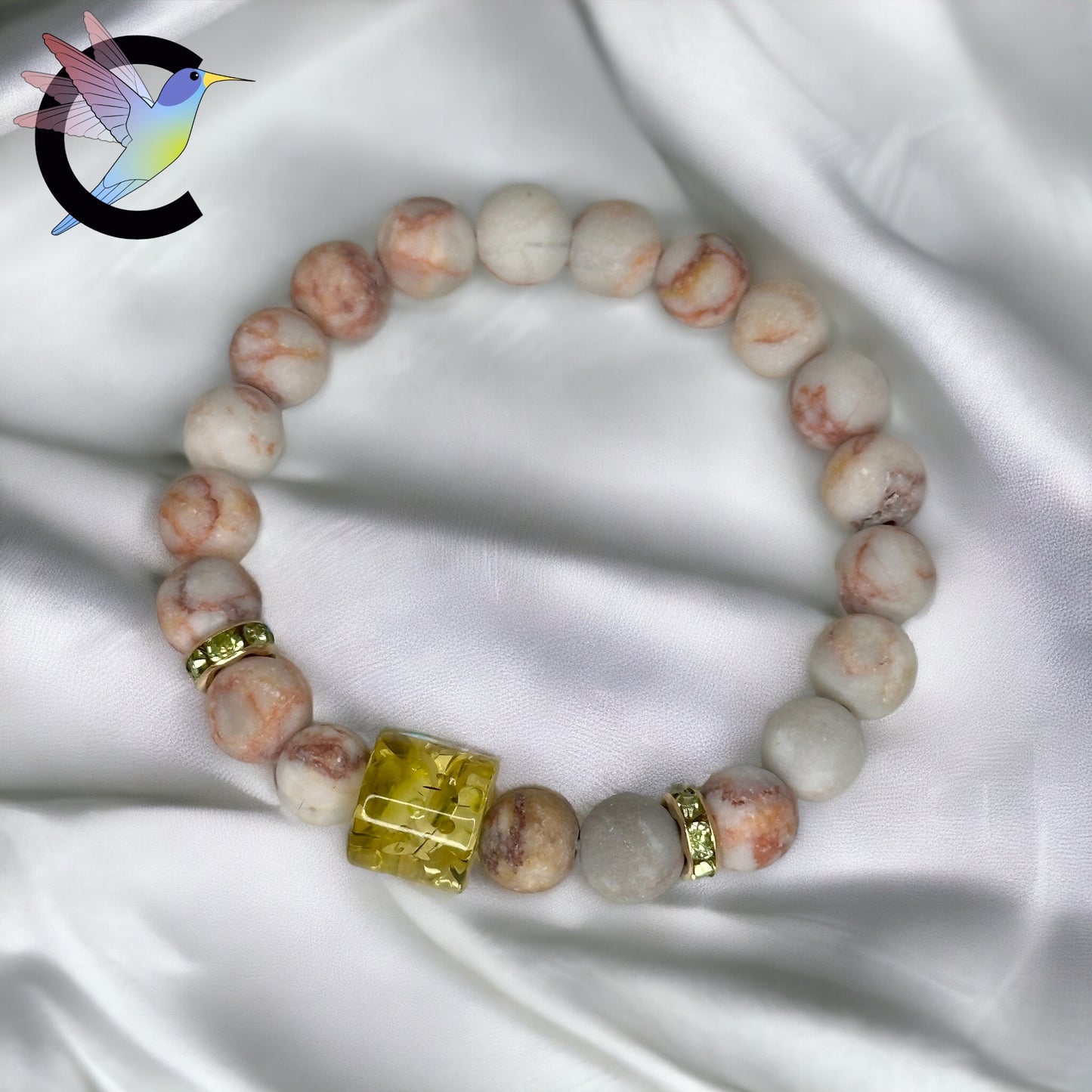 Éclat de Soleil Marbré - Bracelet en Perles de Verre Marbré et Charm Jaune
