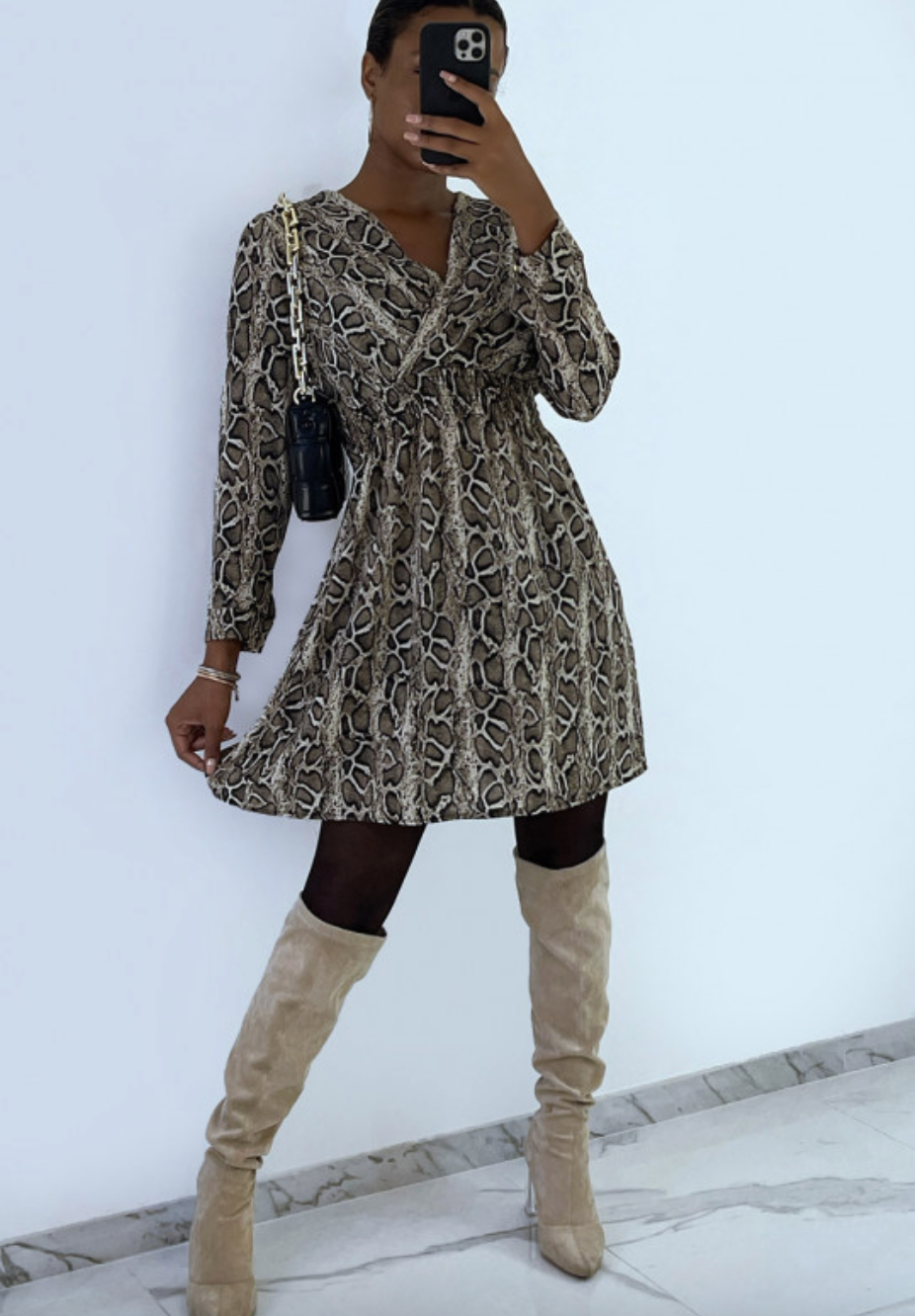 Robe motif python croise au buste avec elastique à la taille