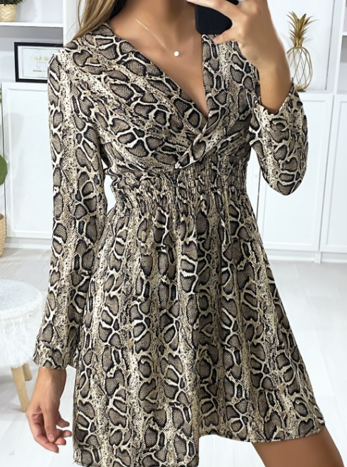 Robe motif python croise au buste avec elastique à la taille