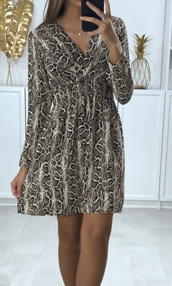 Robe motif python croise au buste avec elastique à la taille