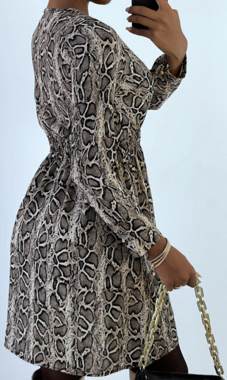 Robe motif python croise au buste avec elastique à la taille