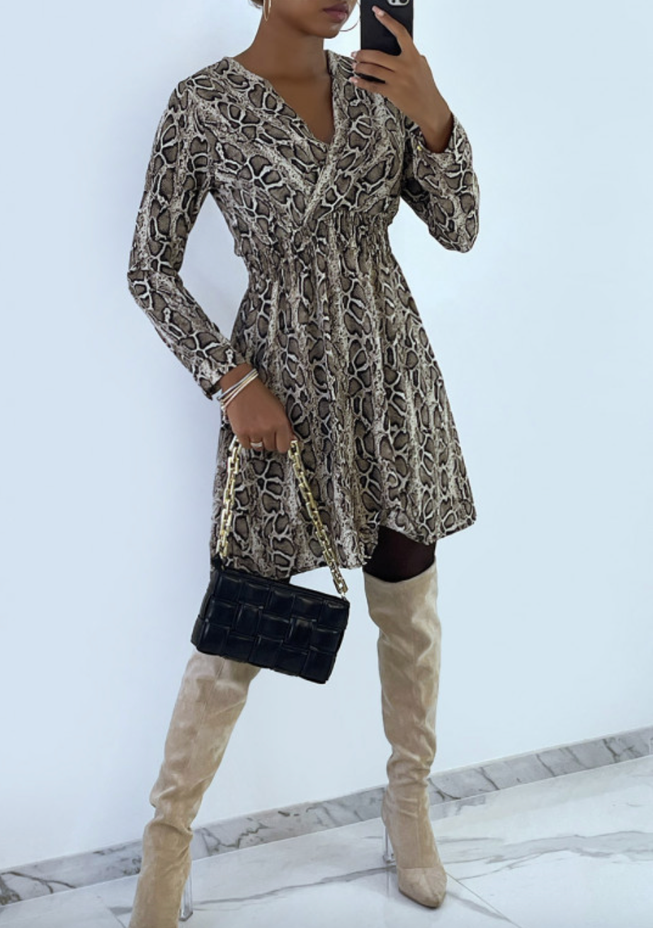 Robe motif python croise au buste avec elastique à la taille