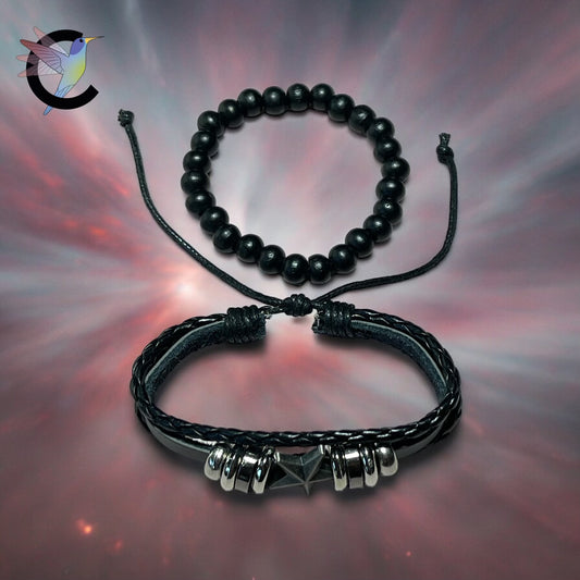 Étoile Noire - Bracelets Homme en Perles de Résine Noires et Cuir Noir Ajustable