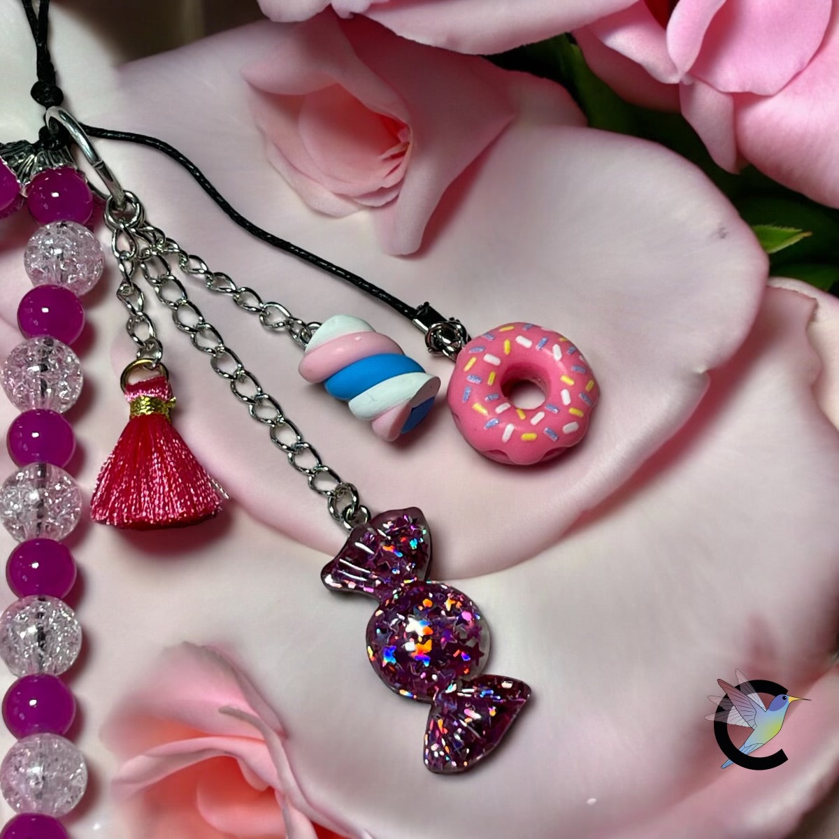 Bijoux de Téléphone Gourmandises - Perles de Verre Fuchsia