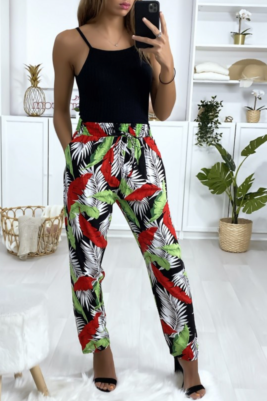 Pantalon fluide en coton à motif noir et rouge avec poches XL/2XL