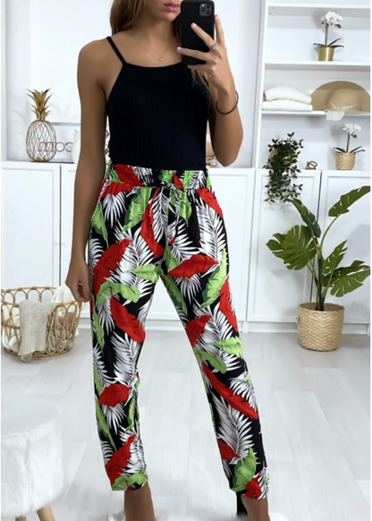 Pantalon fluide en coton à motif noir et rouge avec poches XL/2XL