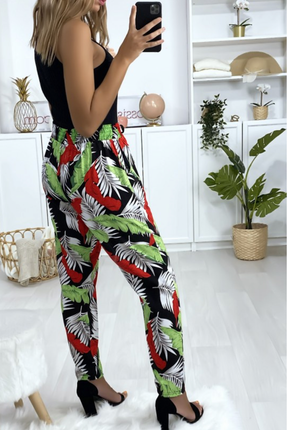 Pantalon fluide en coton à motif noir et rouge avec poches XL/2XL