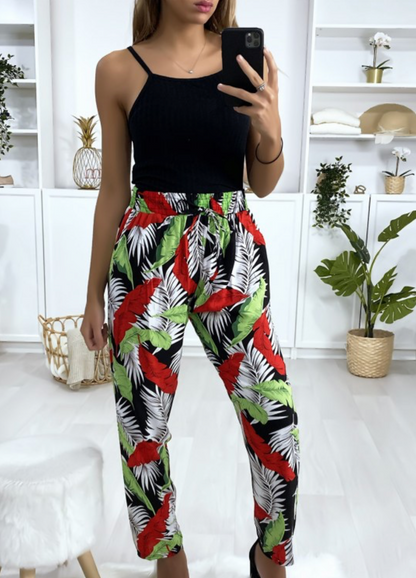 Pantalon fluide en coton à motif noir et rouge avec poches XL/2XL